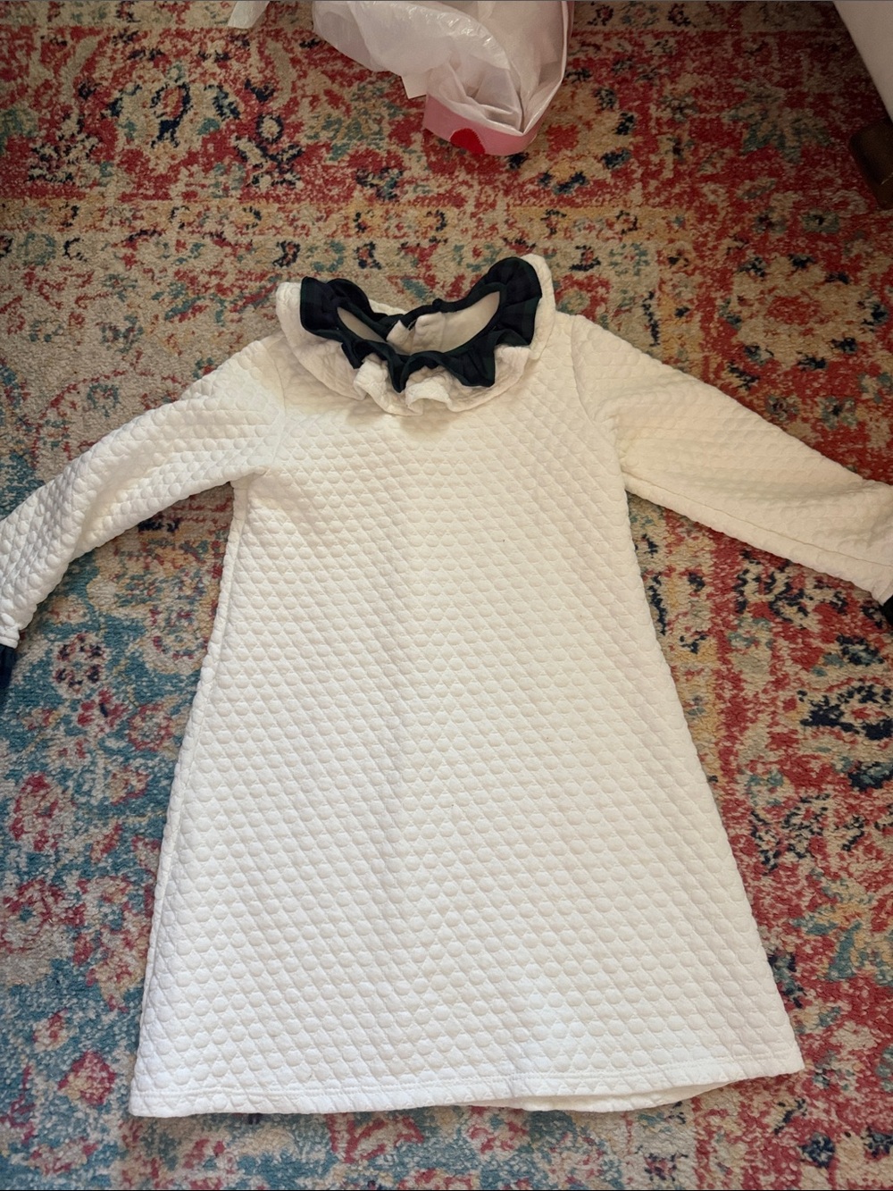 The Beaufort Bonnet Company White Quilted Dress with Navy Tartan Ruffle Collar